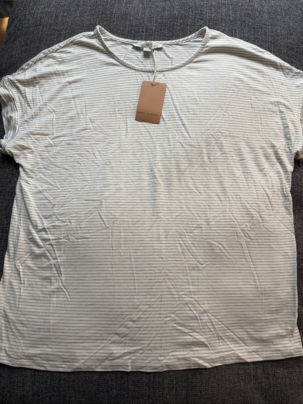 Green Envelope Women’s Short-Sleeve Crewneck Tee - White & Light Gray Stripes